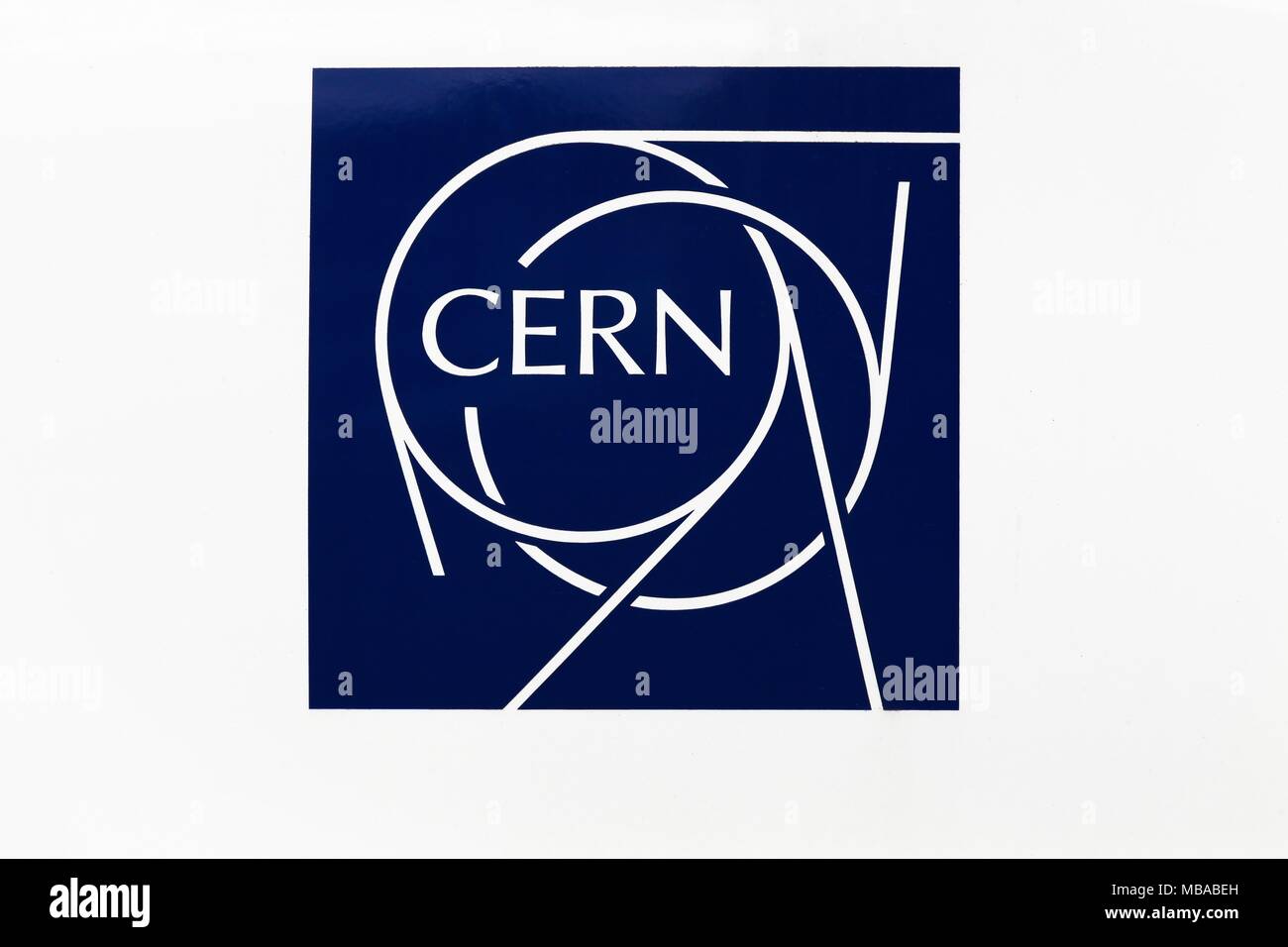 Meyrin, Switzerland - October 1, 2017: The European Organization for Nuclear Research logo known as CERN Stock Photo