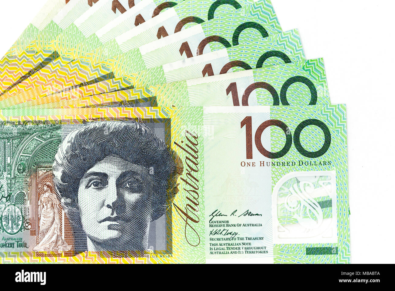 Currency banknotes spread across frame australian dollar in various