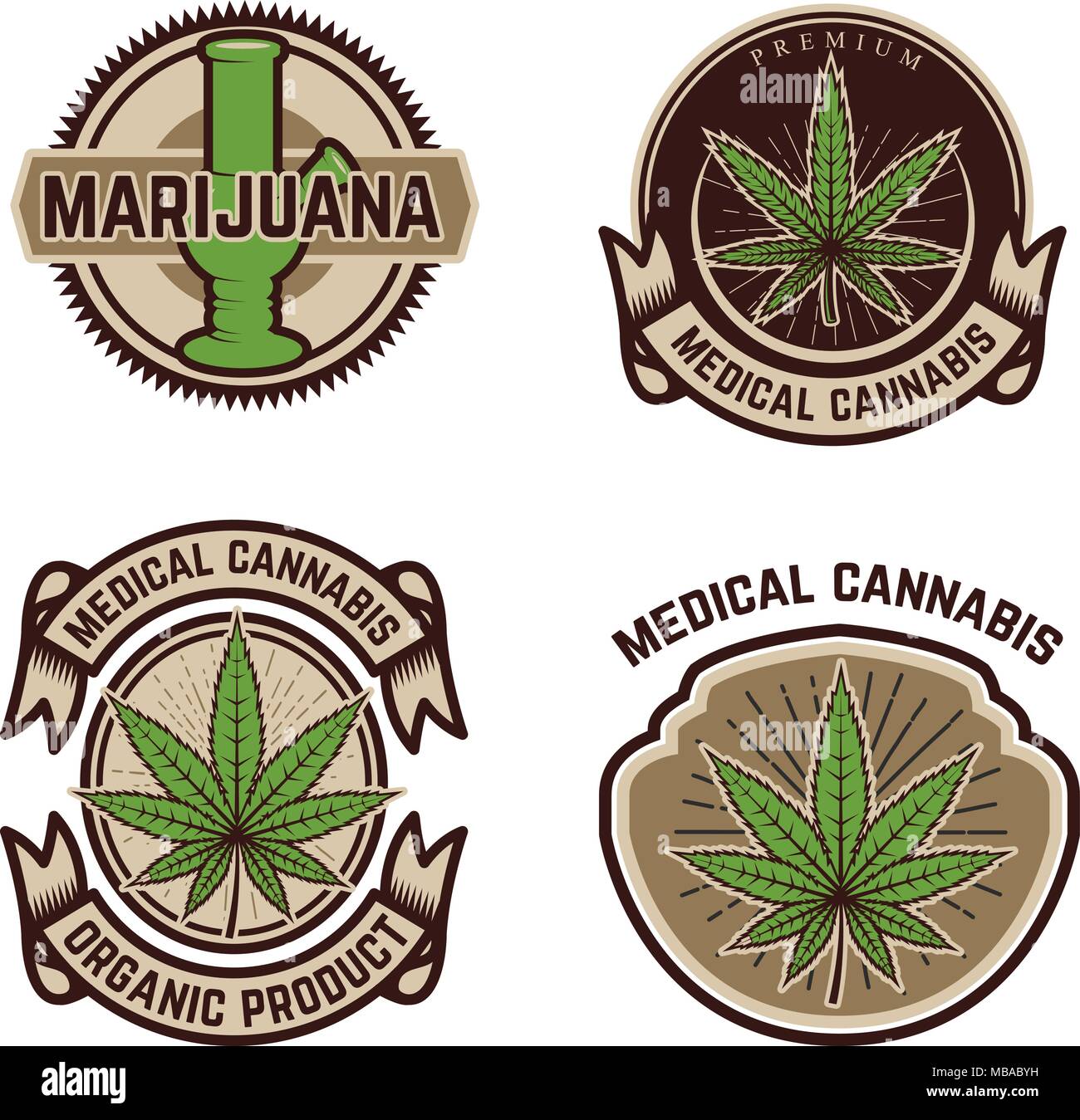 Set of vintage emblems with medical marijuana. Cannabis leaves. Design