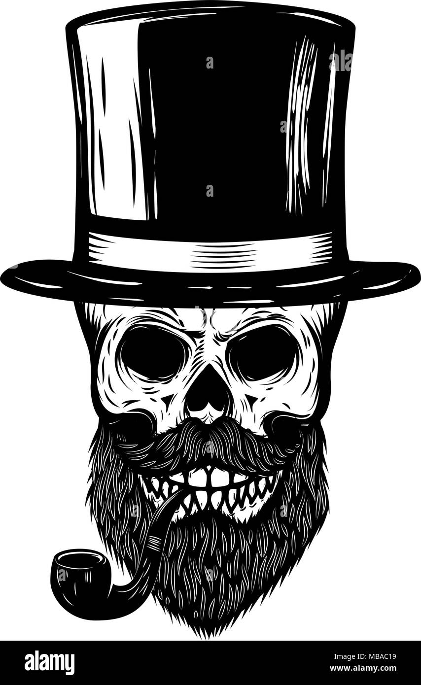 Skull with retro hat and smoking pipe. Design element for poster, banner, t shirt. Vector illustration Stock Vector