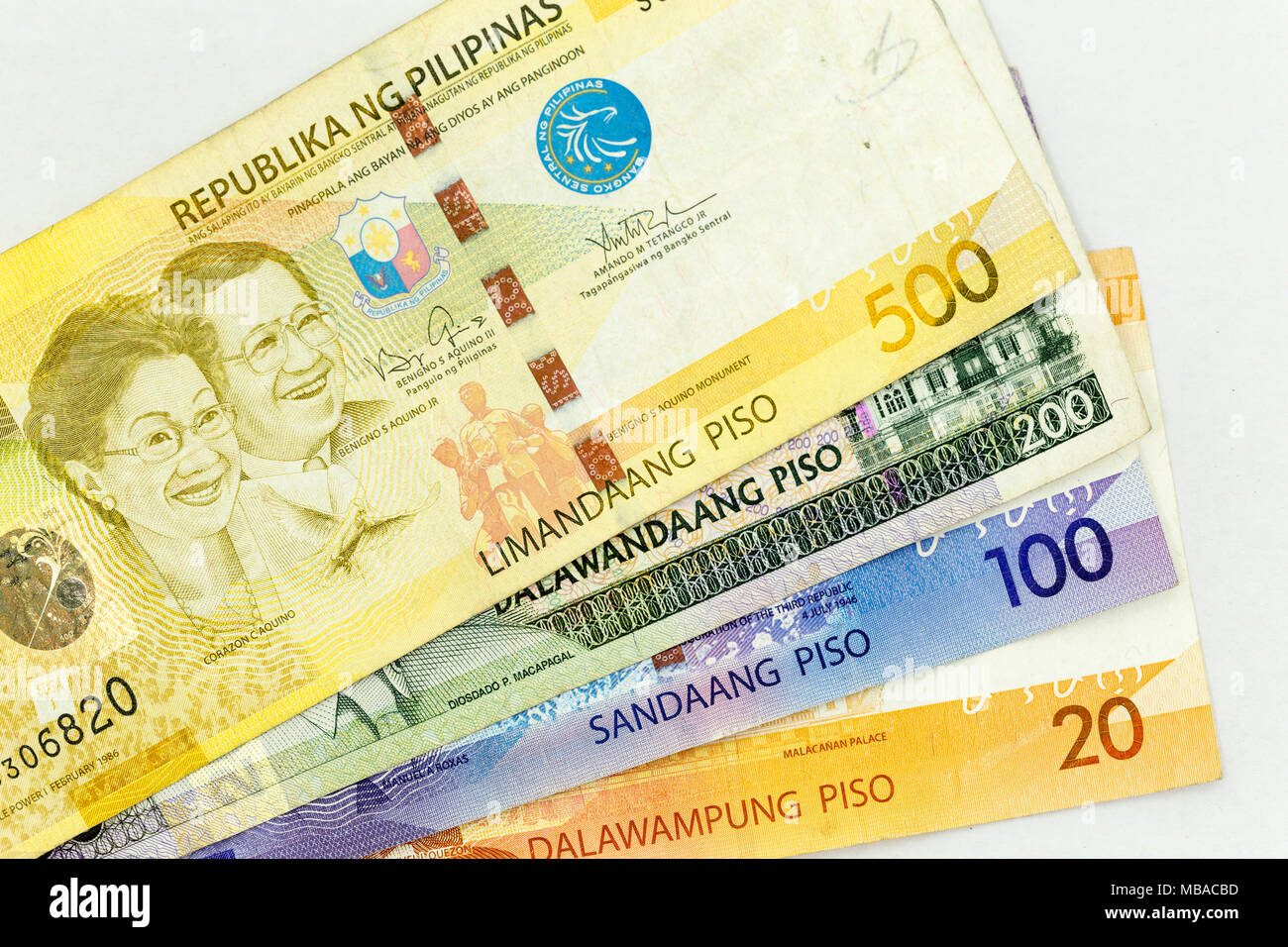 Currency banknotes spread across frame philippines peso in various