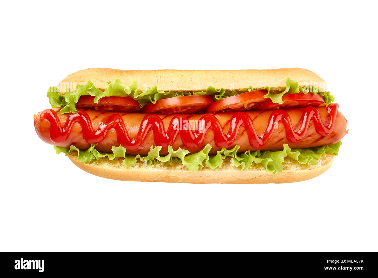 Hot dog with lettuce and tomato on white Stock Photo Alamy