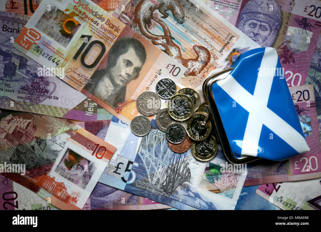Coins and Scottish bank notes. Stock Photo