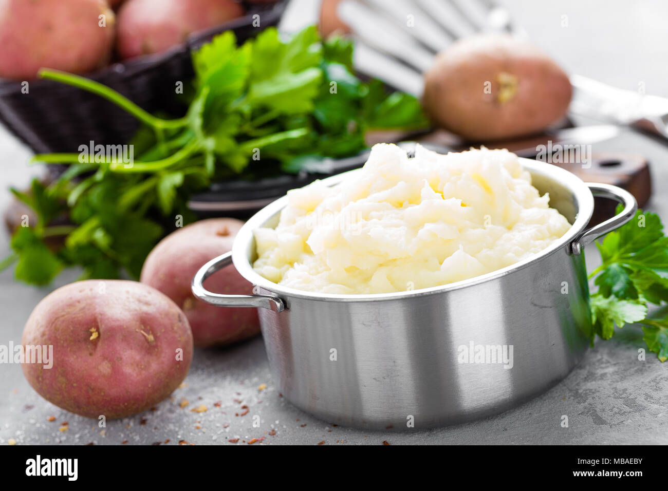 Mashed, mash potato with butter and milk. Potato puree Stock Photo