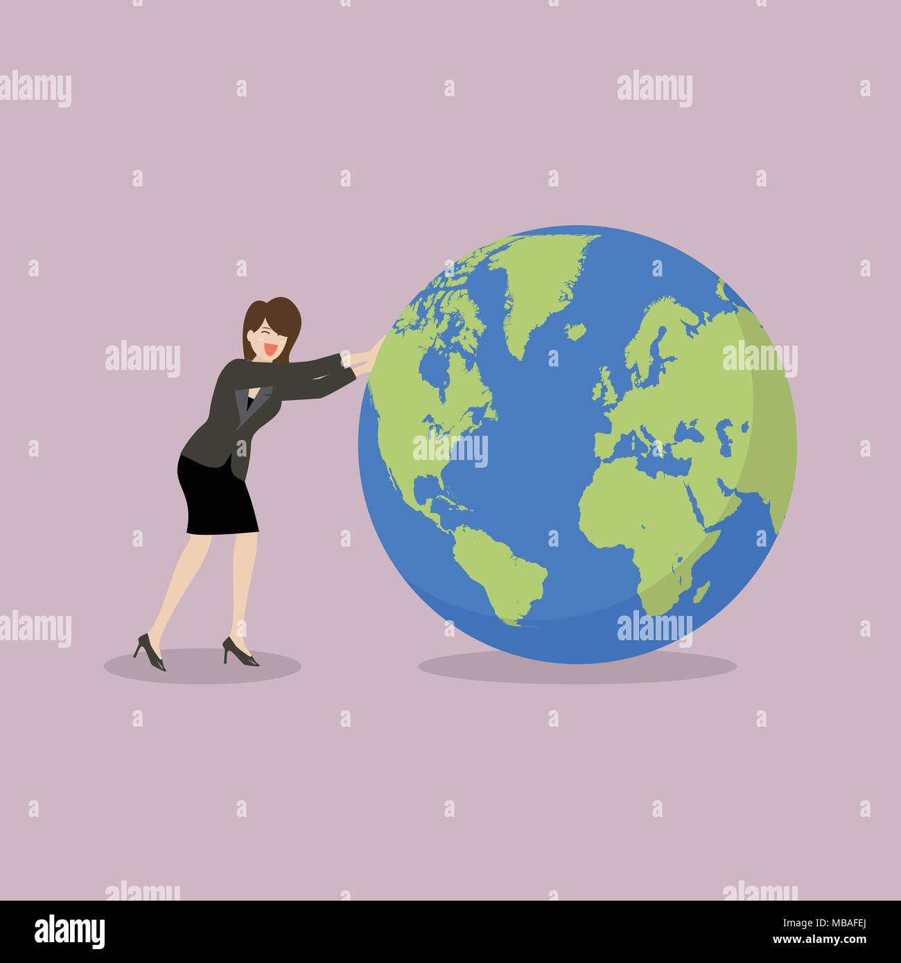 Business woman pushing the world forward. Vector illustration Stock Vector