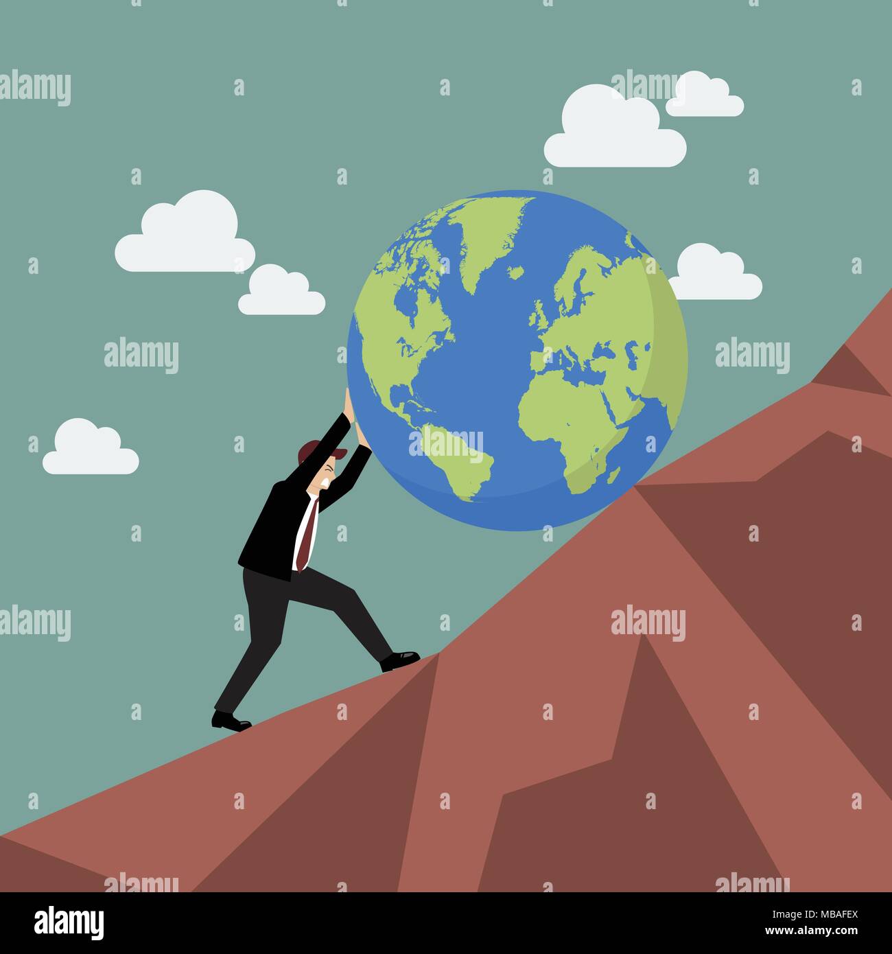 Businessman pushing the world uphill. Vector illustration Stock Vector