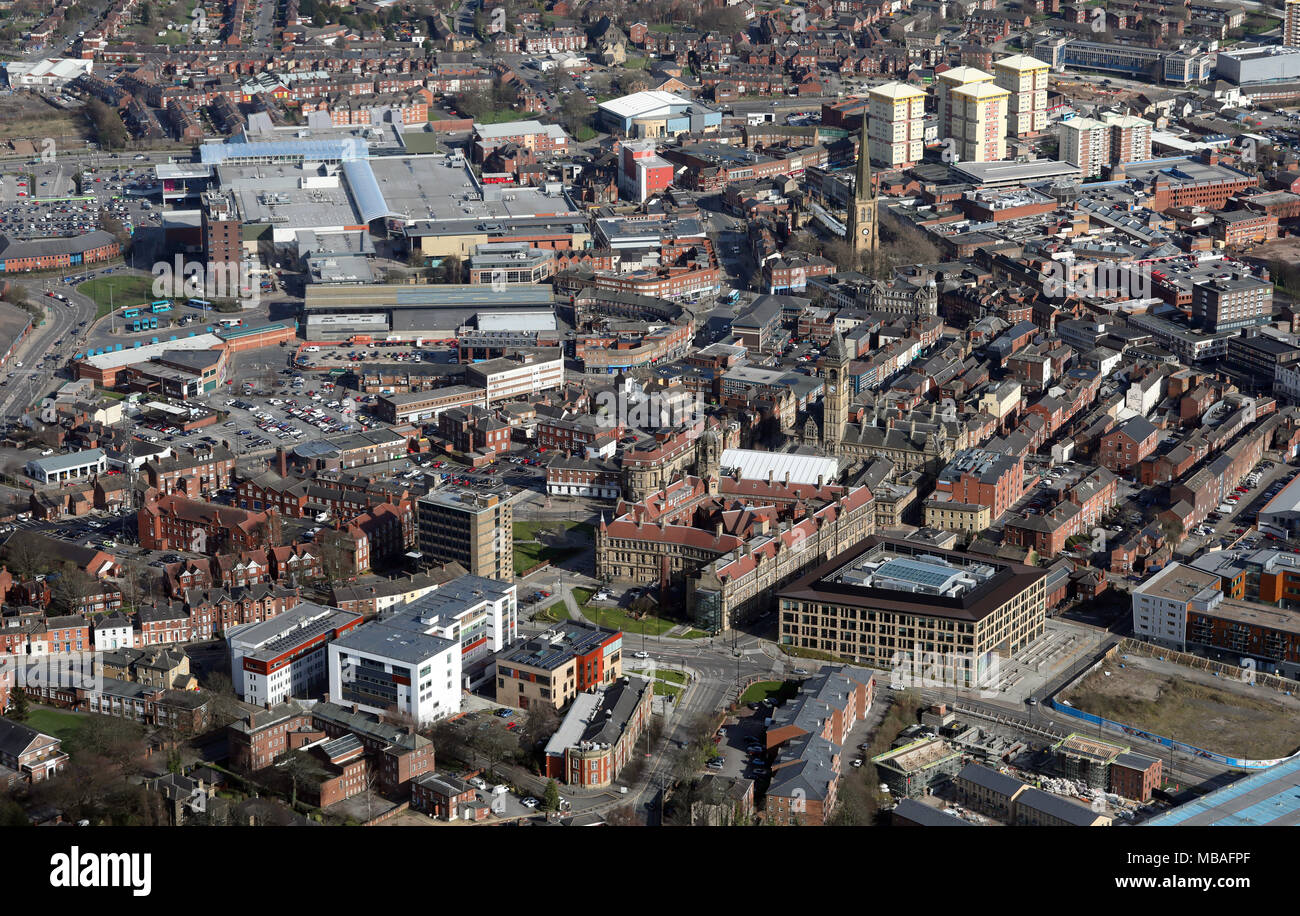 aerial view of Wakefield city centre, West Yorkshire, UK Stock Photo