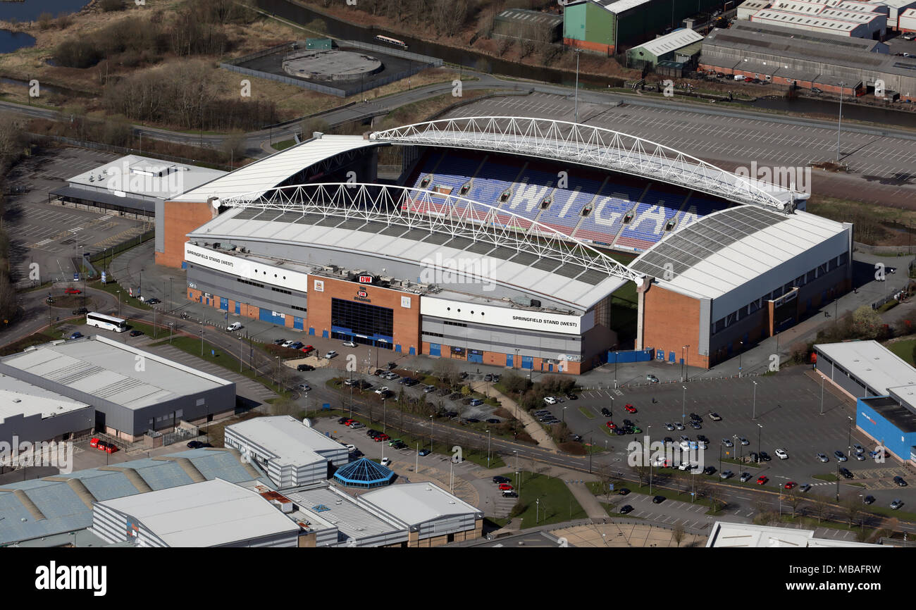 aerial view of the Brick Community Stadium (formerly the DW Stadium) in Wigan, Lancashire Stock Photo