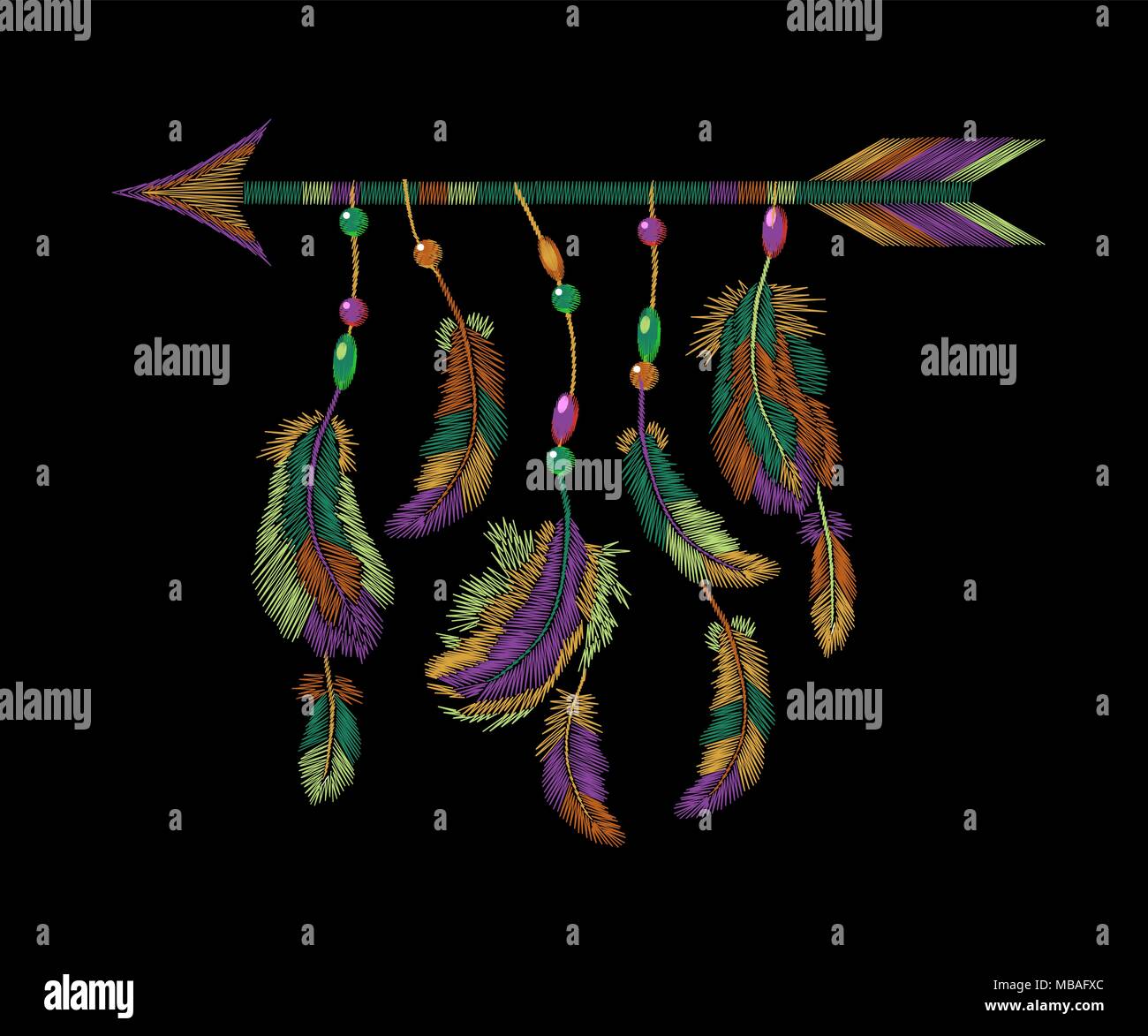 Colorful feathers arrow embroidery. Boho tribal clothes american indian bird motif ethnic embroidered background. Fashion template design vector illustration Stock Vector
