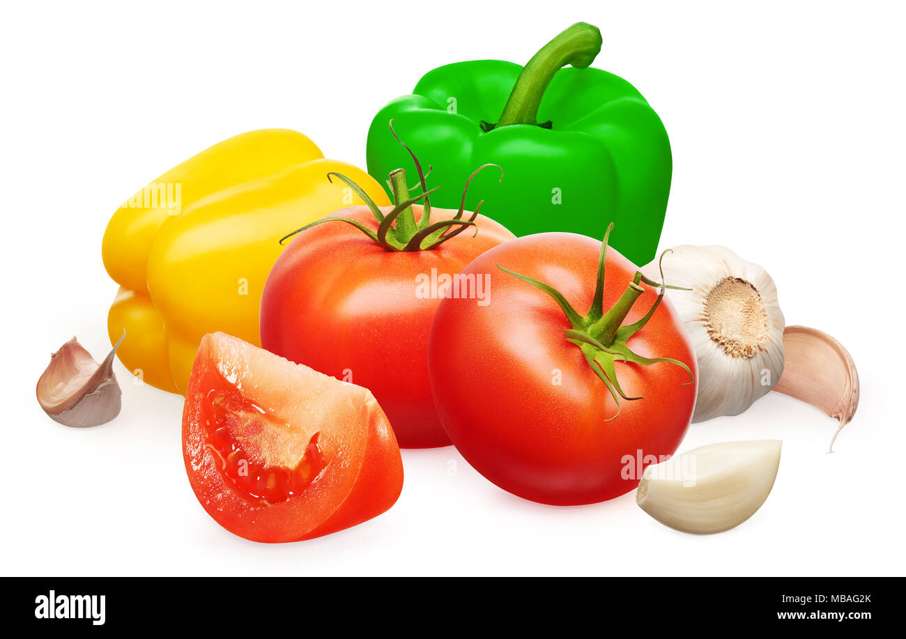 Two whole fresh red tomatoes with green leaves and slice, yellow and ...