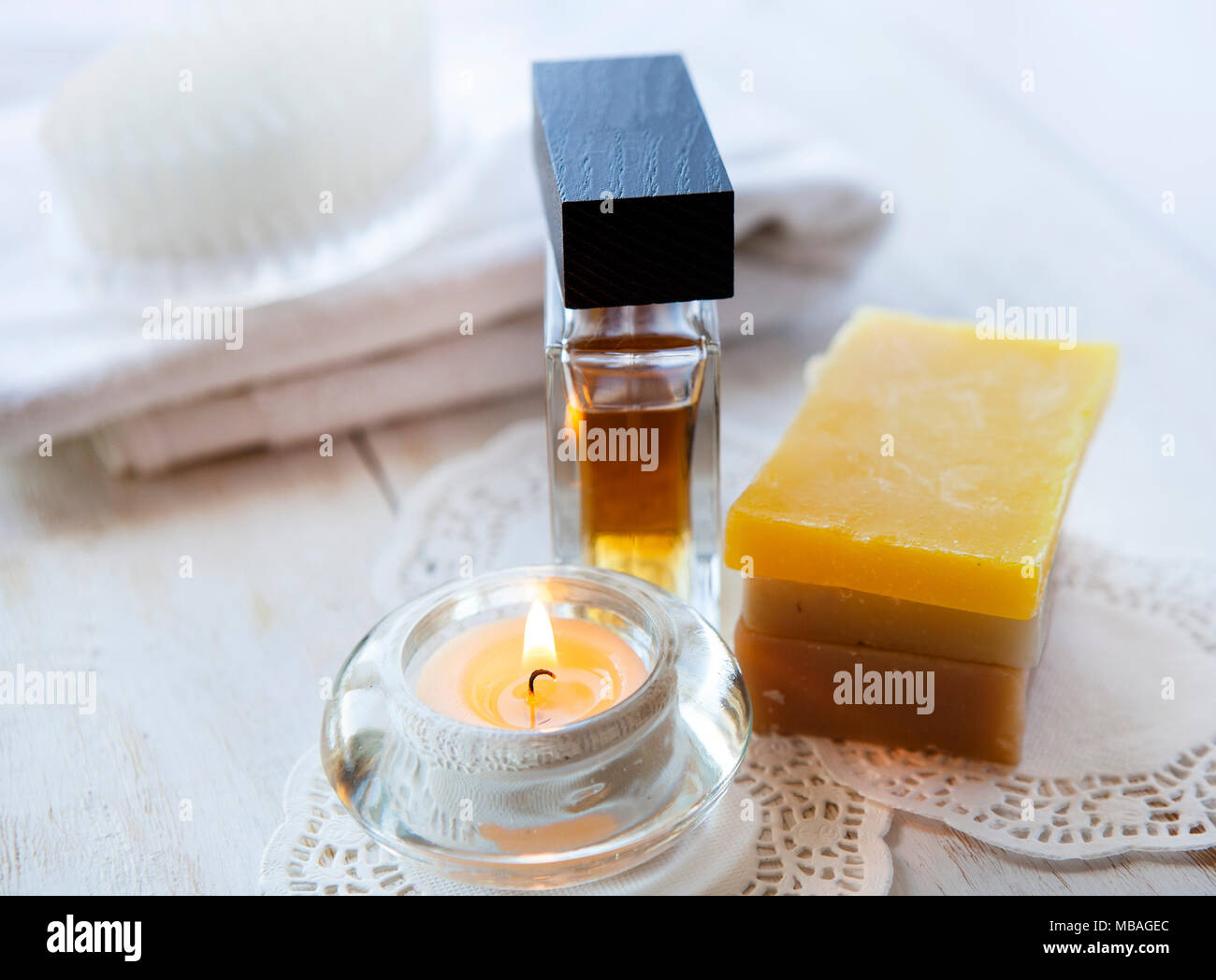 spa accessories  and candles on white background Stock Photo