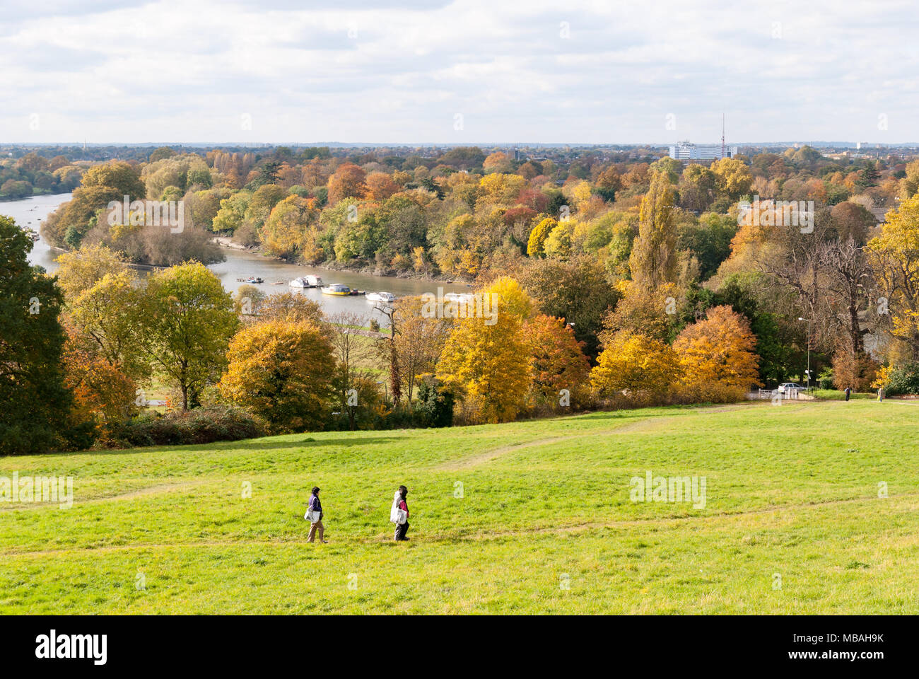 Overlooking the River Thames across a green park and trees in autumn at