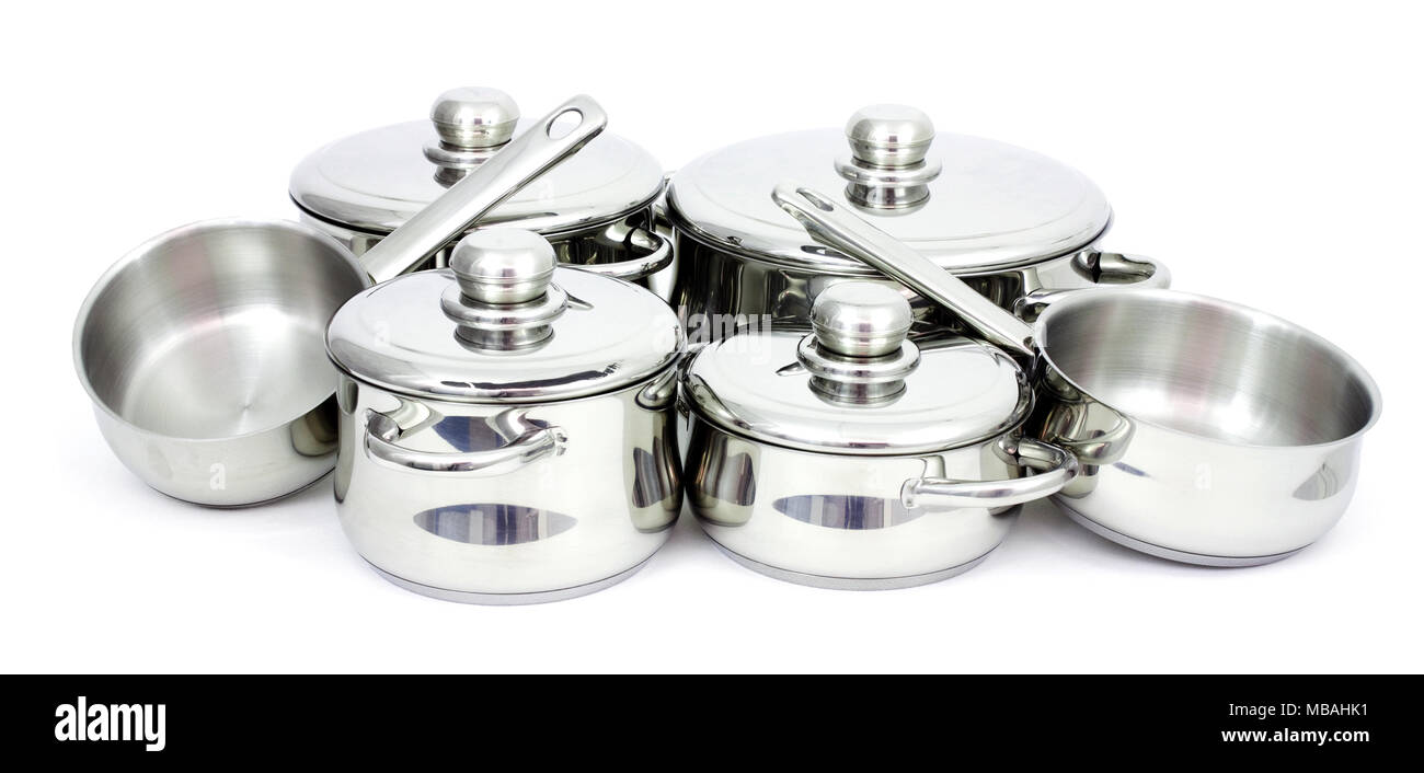 Pans made of stainless steel on a white background Stock Photo Alamy