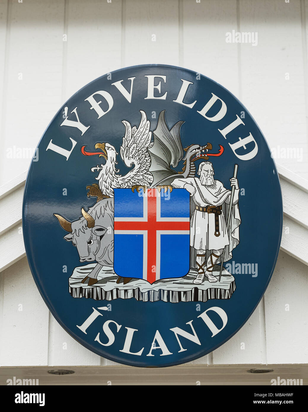 TORSHAWN, FAROE ISLANDS, DENMARK - AUGUST 21, 2017: Flag and welcome sign of Faroe Islands, Denmark on white wooden wall Stock Photo