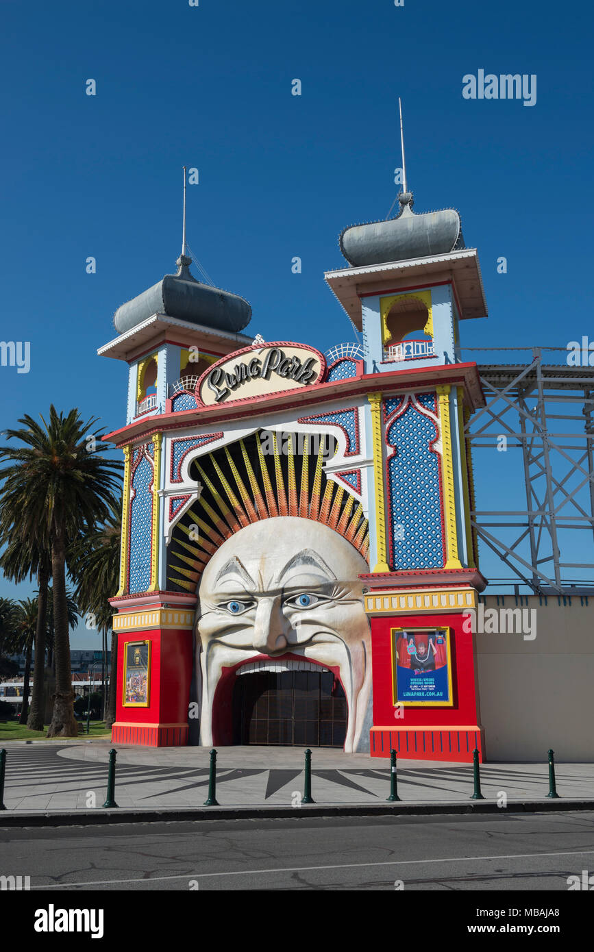 Entrance to the luna park amusement park in st kilda hi-res stock
