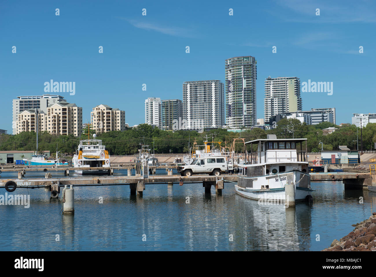 Boats moored in the Frances Bay Mooring Basin adjacent to the central business district of Darwin in the Northern Territory of Australia. Stock Photo