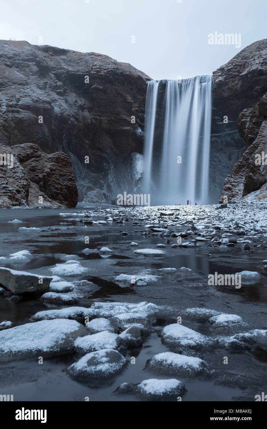 Snowy Skógafoss waterfall Stock Photo