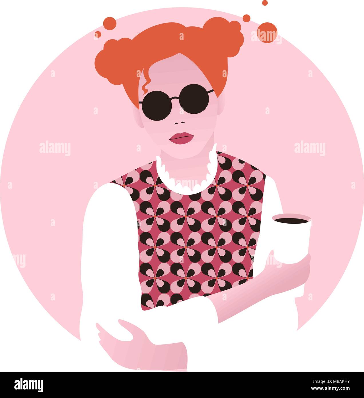 Vector fashion illustration of girl in retro clothes drinking coffee. Modern flat style. Stock Vector
