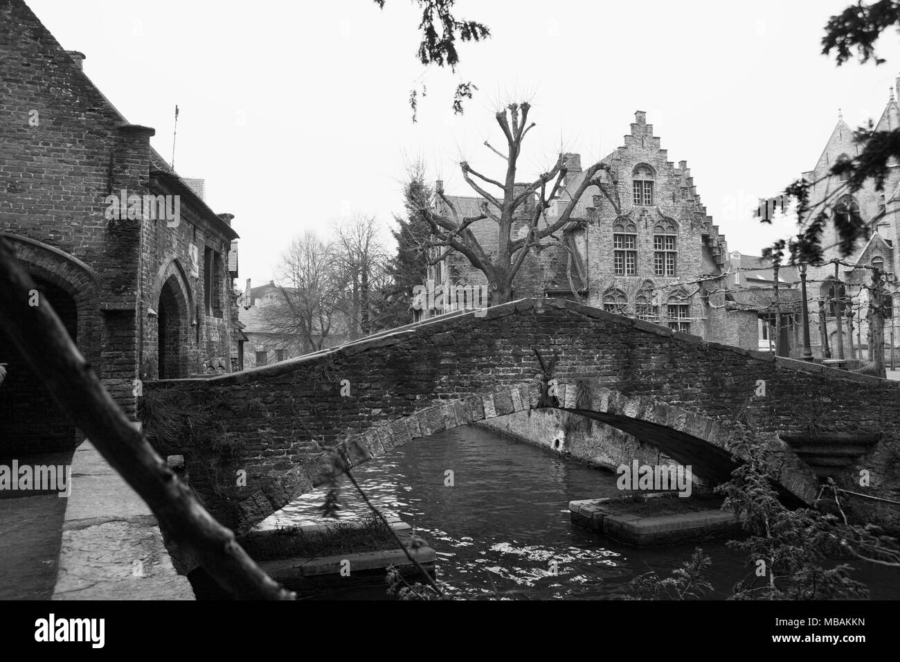 Bonifatiusbrug (Boniface Bridge): a narrow, pretty little old bridge over the Bakkersrei canal at the corner of Arentshof (Arents Park), Brugge, Belgi Stock Photo