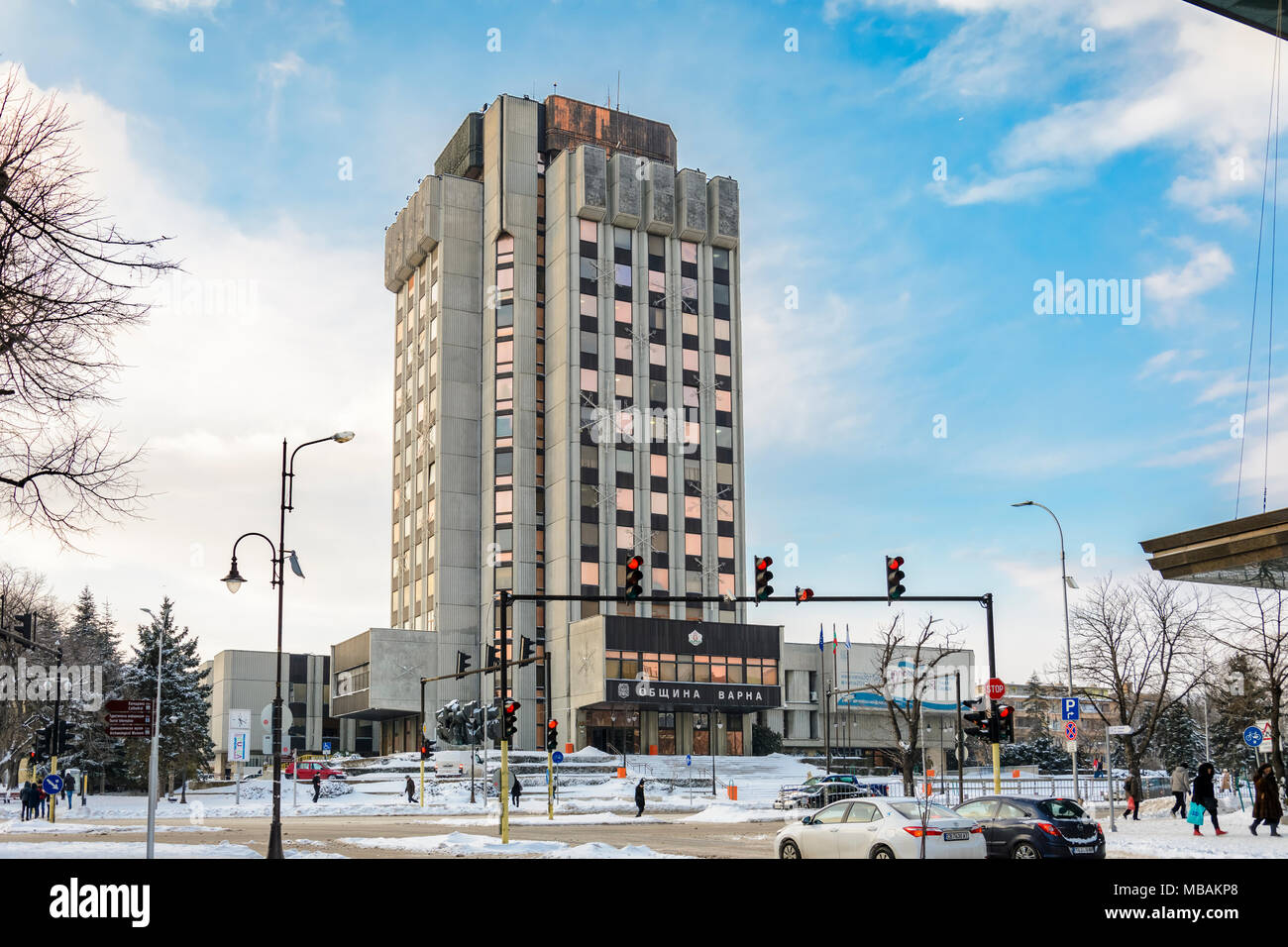VARNA, BULGARIA, FEBRUARY 28, 2018 City hall of Varna covered with after the blizzard Storm and