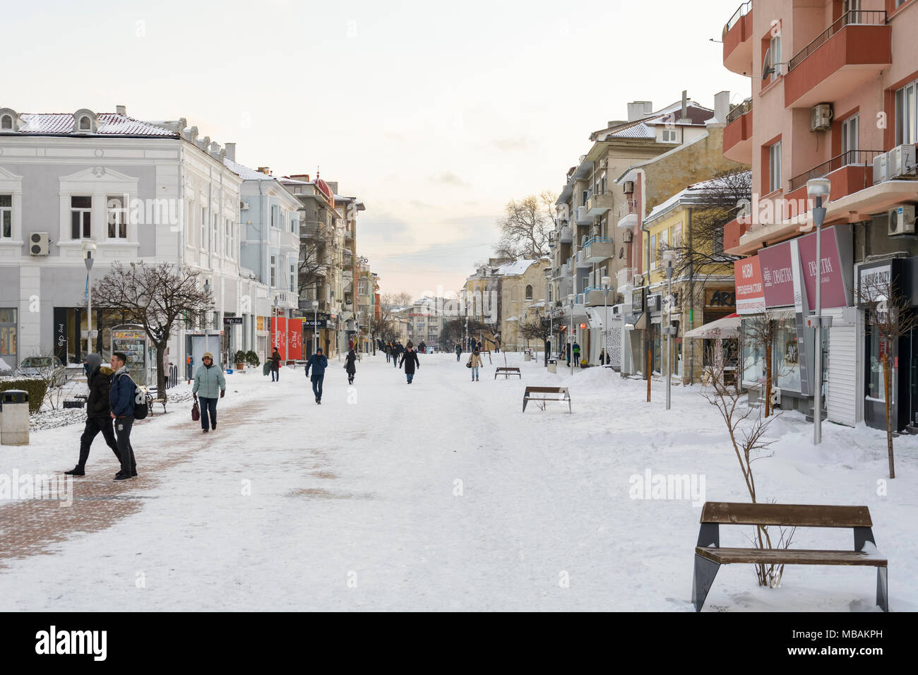 VARNA, BULGARIA,FEBRUARY 28, 2018 unknown person walking in the snowy