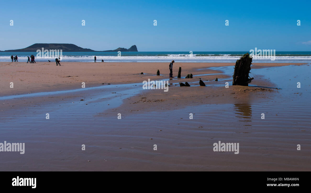 The remains of the shipwreck of the Helvetia at Rhossili Bay, Gower, South Wales, UK. Stock Photo