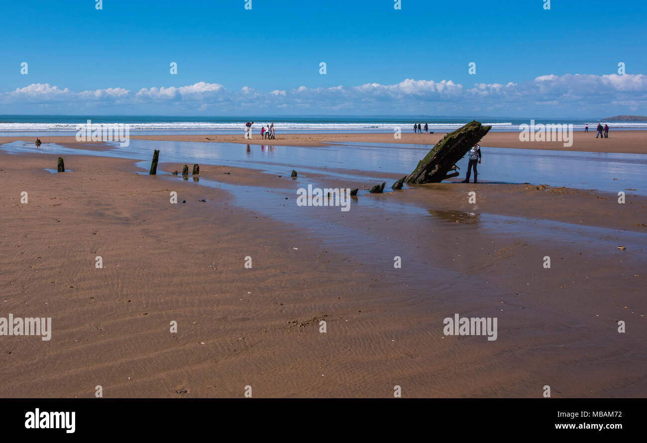 The remains of the shipwreck of the Helvetia at Rhossili Bay, Gower, South Wales, UK. Stock Photo