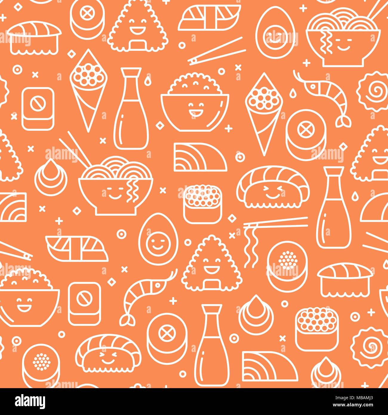 Bright orange vector seamless pattern with japanese food such as sushi, rolls and shrimps. Line icons on bold background. Stock Vector