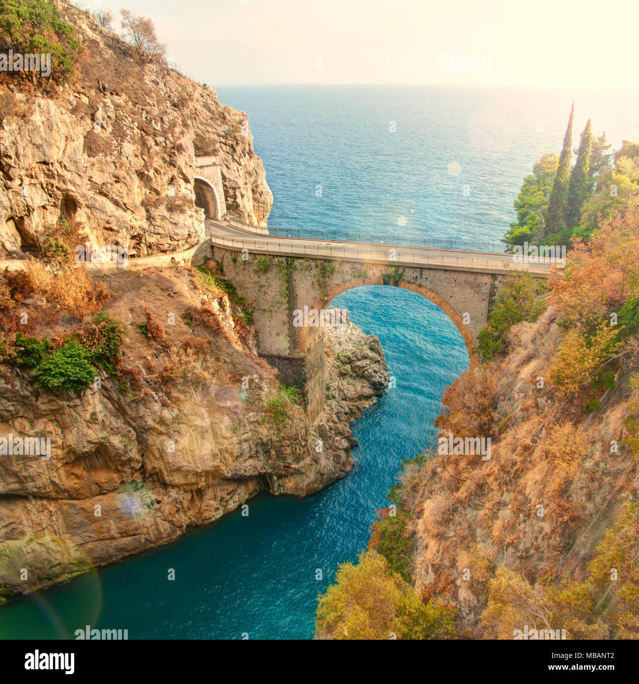beautiful bridge over small Fiordo di Furore on Amalfi coast of Italy on sunny summer day Stock Photo