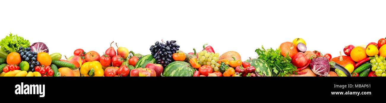 Panoramic collection fresh fruits and vegetables isolated on white background. Free space for text. Stock Photo
