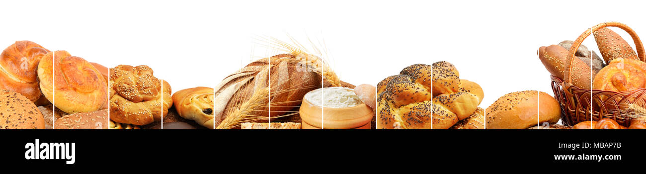 Panoramic collection of bread products. Wide photo with free space for text. Stock Photo