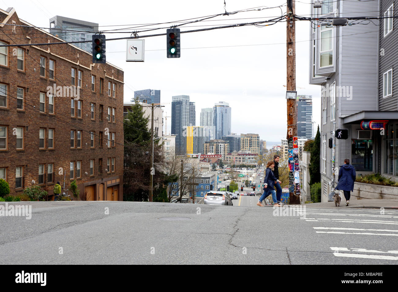 Corner of East Denny Way, and Bellevue Ave E with Pike Place in the background, Seattle, Washington. Stock Photo