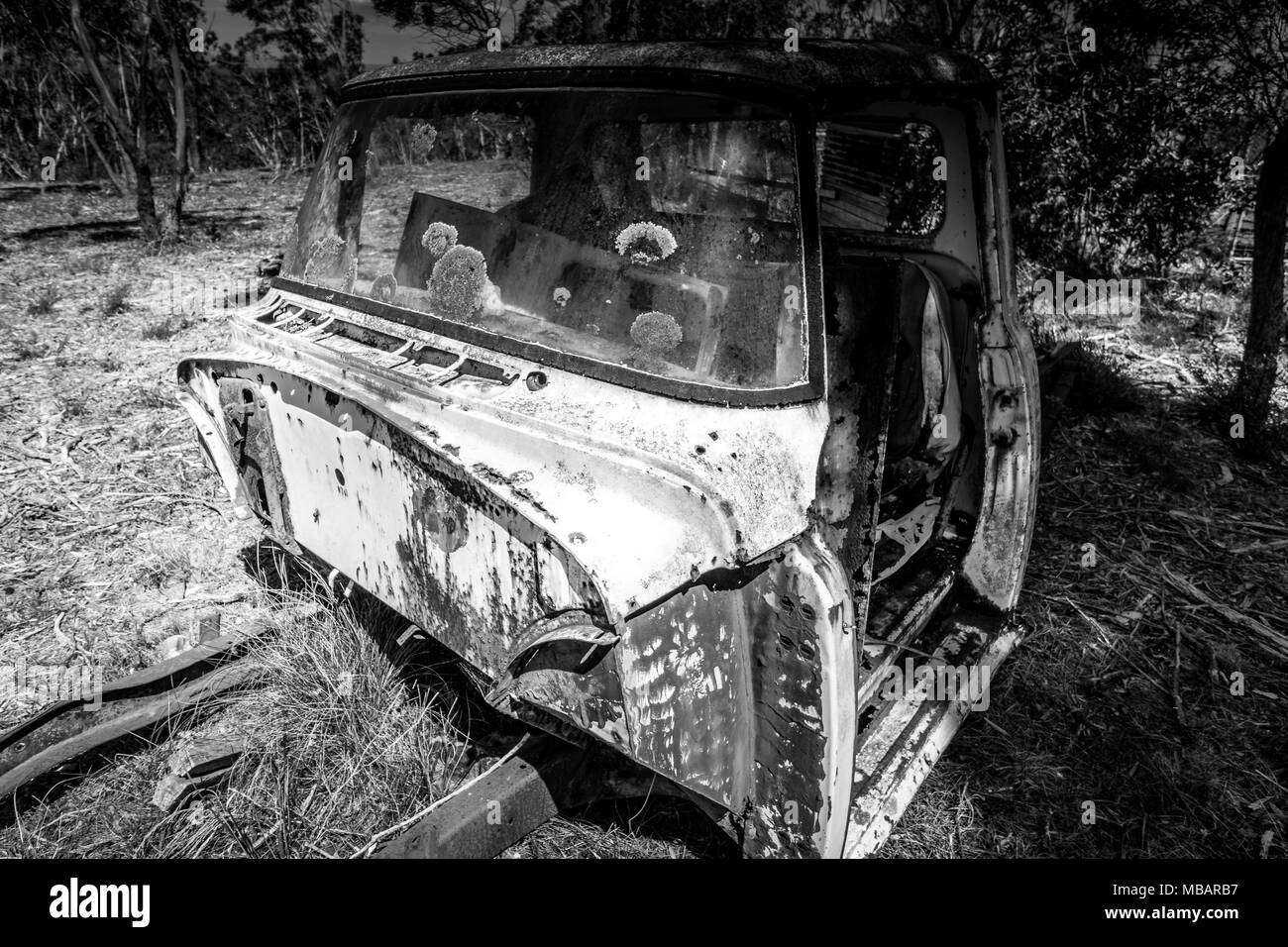 Rusted old truck, black and white, Blue Mountains, NSW, Australia Stock Photo