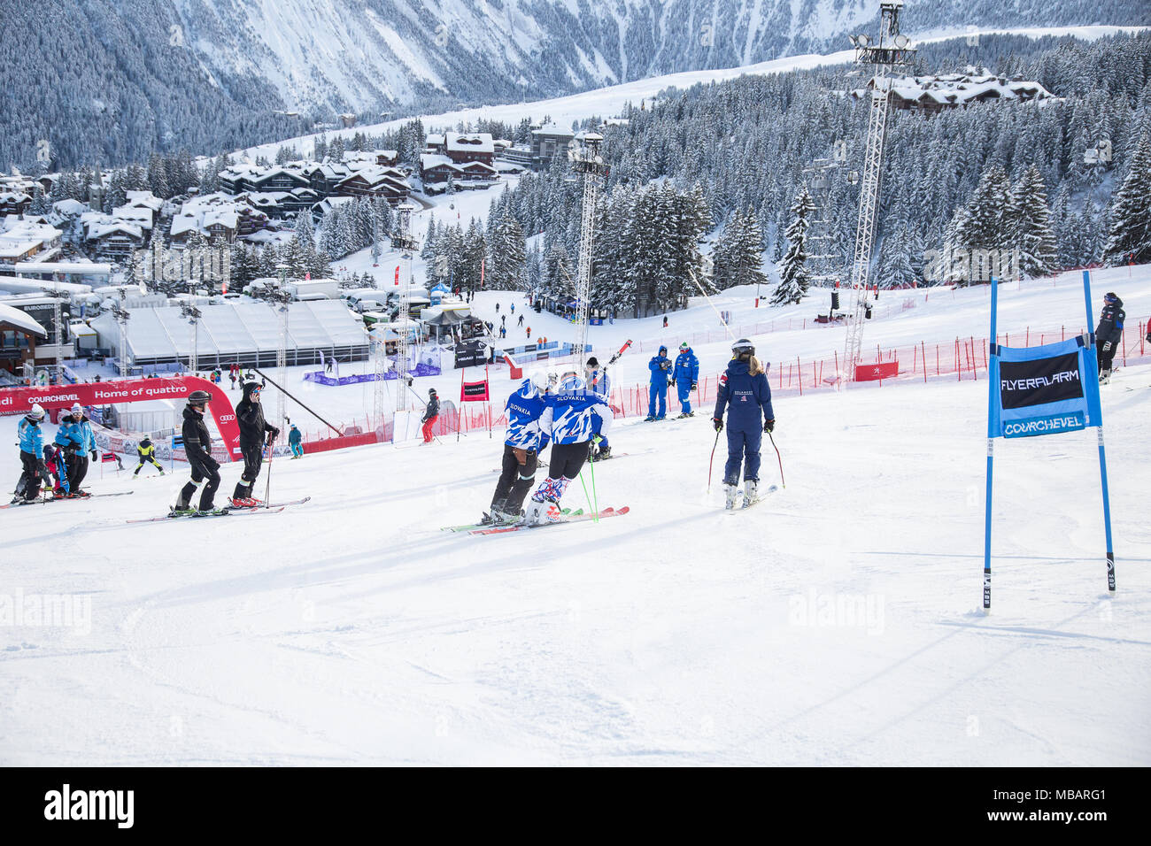 A view over Courchevel 1850 during the course inspection of the Audi Fis Alpine Ski World Cup Courchevel 2017 Ladies GS Women's Giant Slalom alpine sk Stock Photo