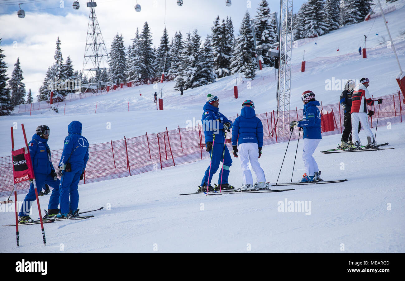 The Italian Ski Team in Courchevel 1850 during the course inspection of the Audi Fis Alpine Ski World Cup Women's Giant Slalom december 2017 Stock Photo