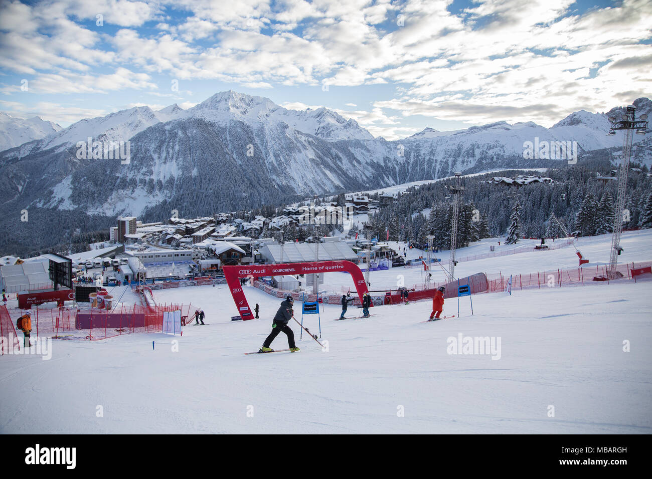The slalom stadium of Courchevel 1850 during the course inspection of the Audi Fis Alpine Ski World Cup Women's Giant Slalom on the 20th Dcember 2017 Stock Photo