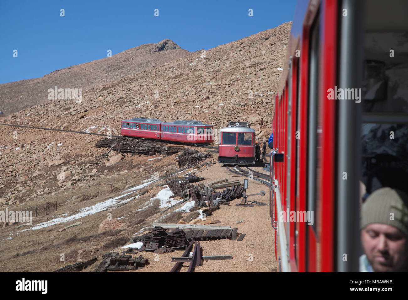Tram ride to the top of Pikes Peak Colorado. Stock Photo