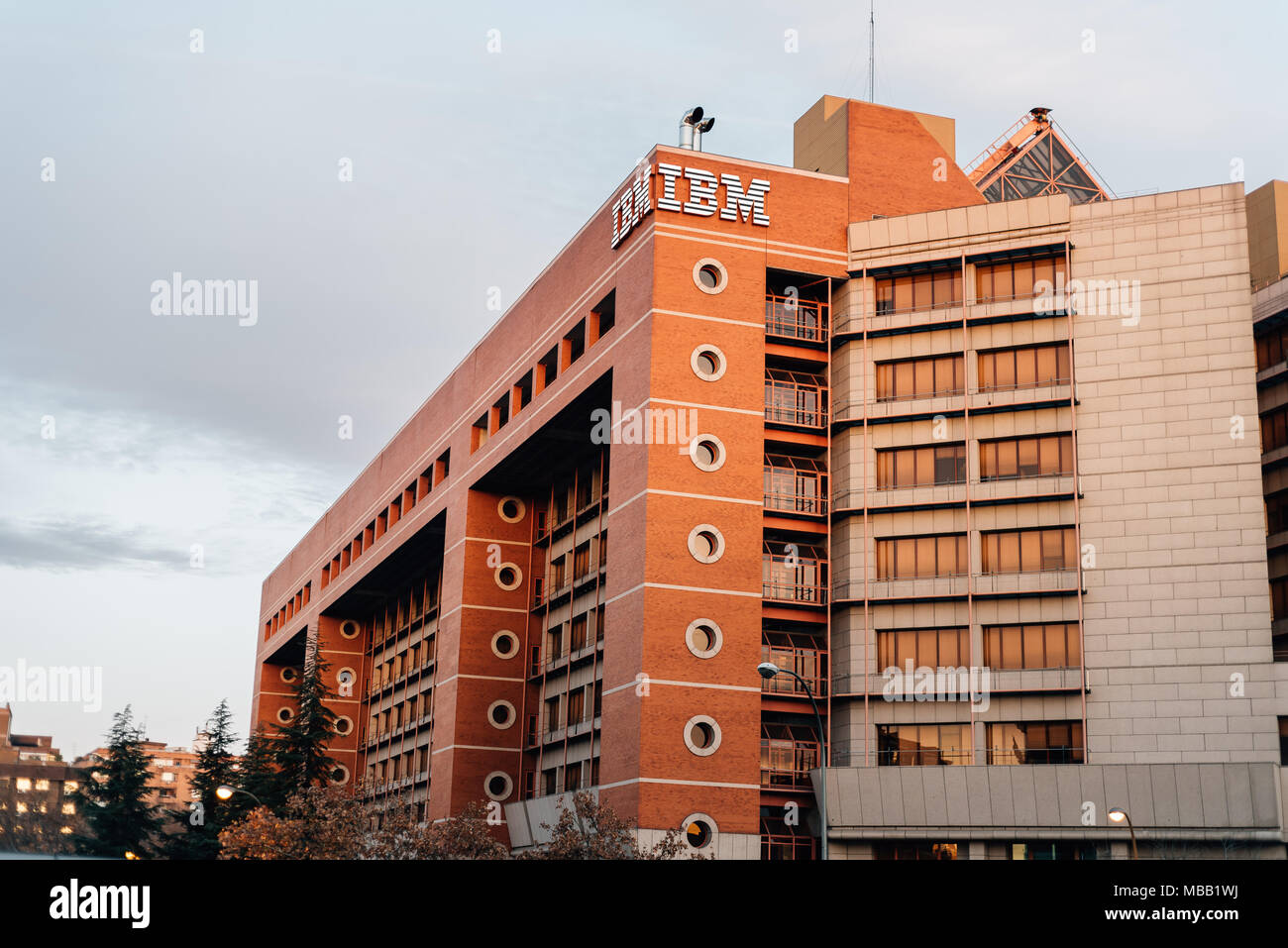 Madrid, Spain - January 20, 2018:  IBM headquarter office building in Madrid. Low angle view Stock Photo
