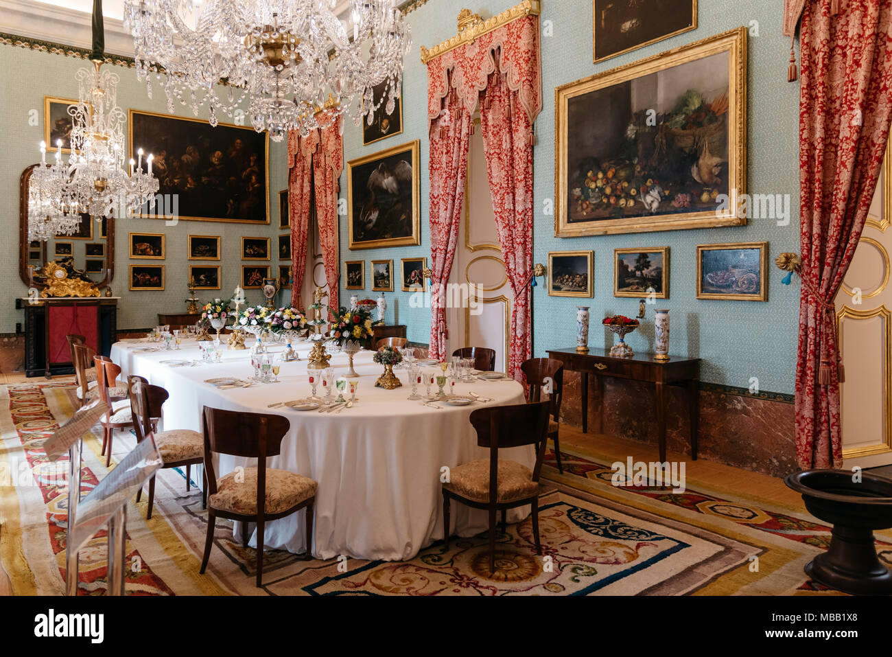 Navas de Riofrio, Spain - March 31, 2018: Decorate dinning room of Royal Palace of Riofrio in Segovia. The palace was used as a hunting lodge. Stock Photo