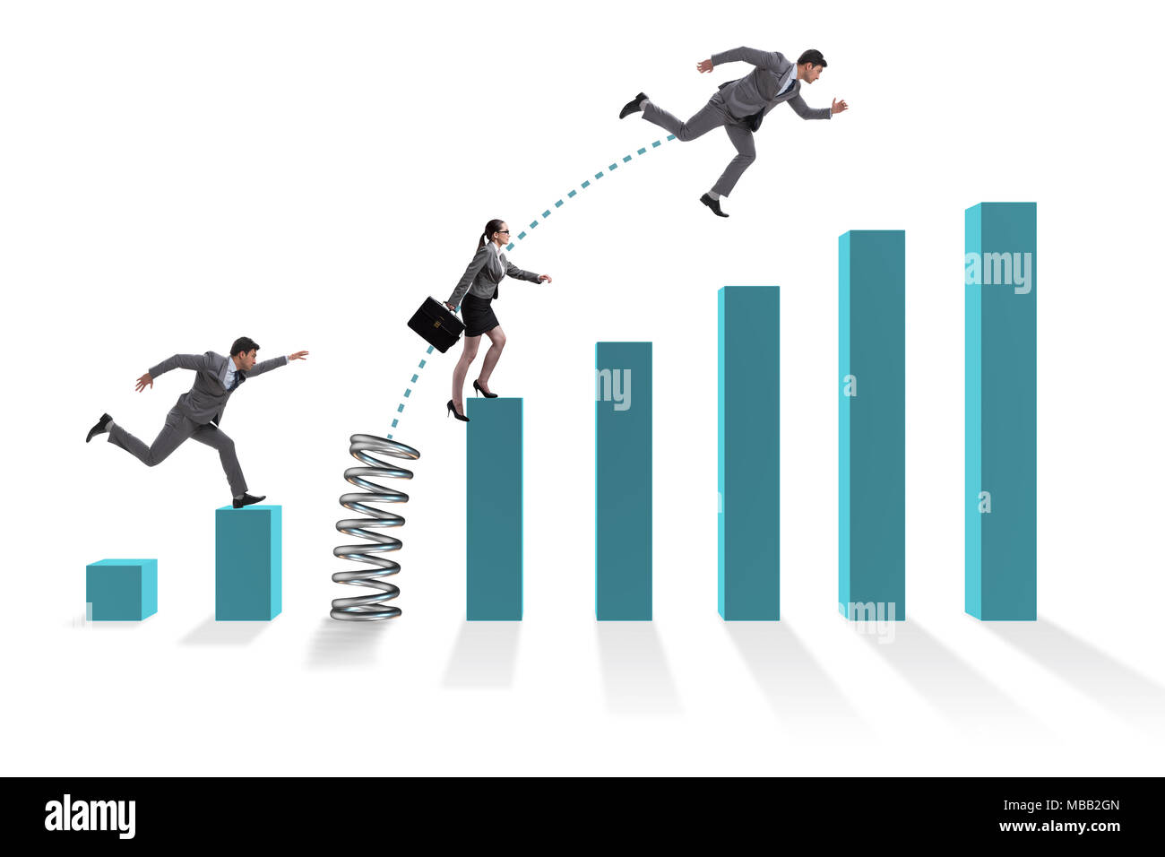 Business people jumping over bar charts Stock Photo - Alamy