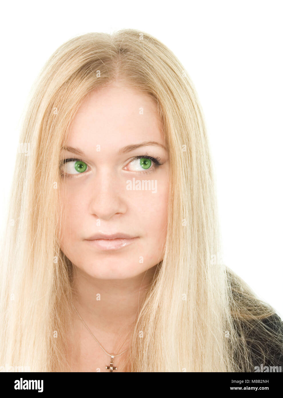 Portrait Of Pretty Green Eyed Blonde In Black On White Background
