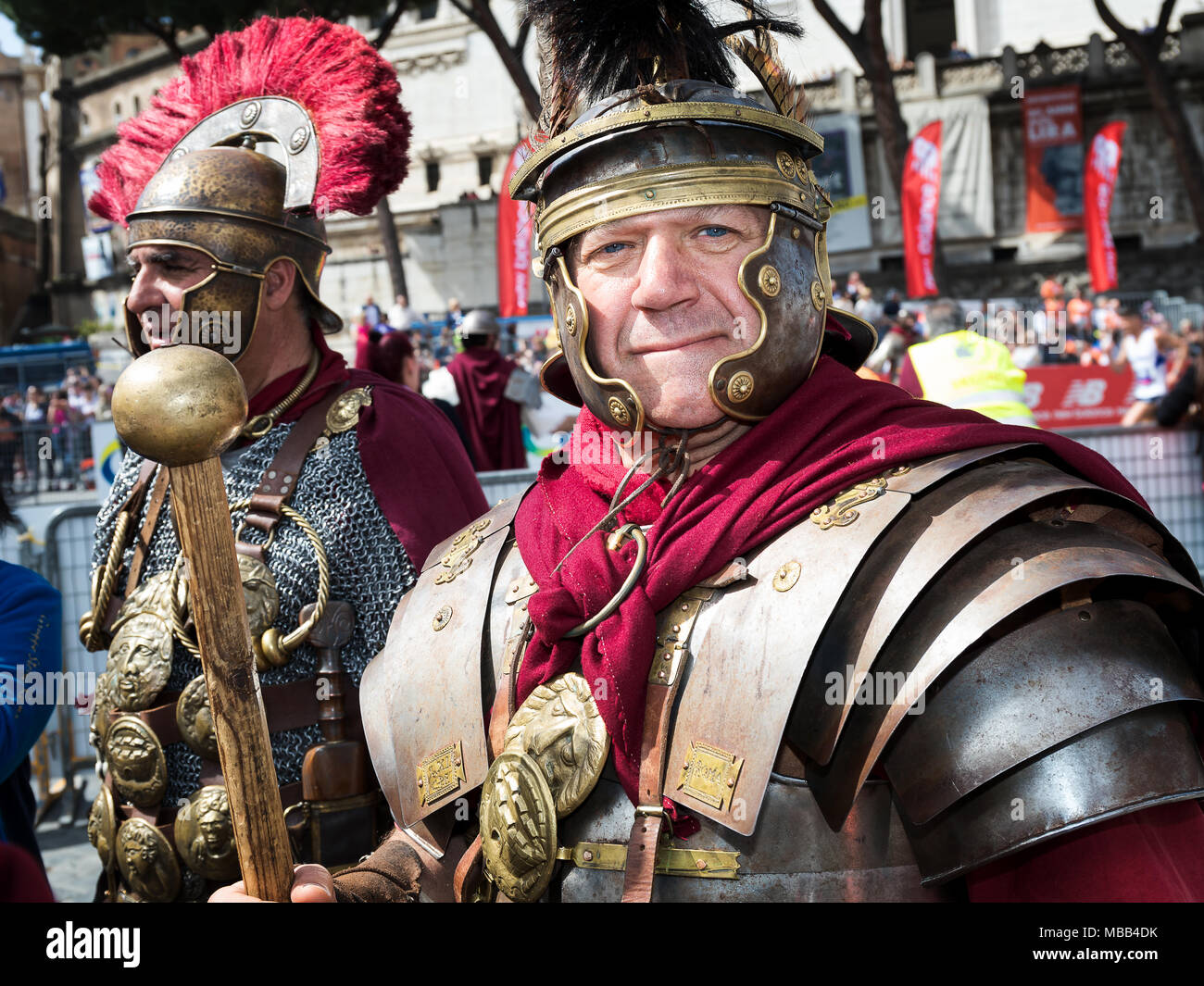 Rome, Italy - 8 April 2018: Gladiators in historical dress and armor at the start of the 24th edition of the Rome Marathon and Run for Fun. Credit: Polifoto/Alamy Live News Stock Photo