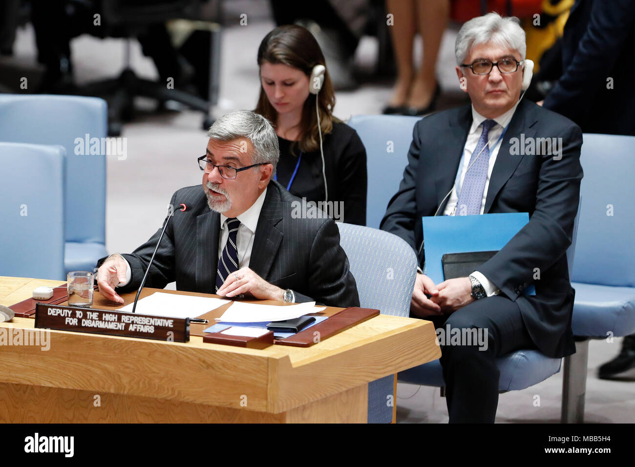 United Nations, UN Security Council meeting on the situation in Syria at the UN headquarters in New York. 9th Apr, 2018. Thomas Markram (front), deputy to United Nations Undersecretary-General for Disarmament Affairs Izumi Nakamitsu, briefs the UN Security Council meeting on the situation in Syria at the UN headquarters in New York, April 9, 2018. The Security Council held an emergency session on the situation in Syria, particularly after reports of the use of chemical weapons over the weekend in rebel-held Douma near the capital city of Damascus. Credit: Li Muzi/Xinhua/Alamy Live News Stock Photo