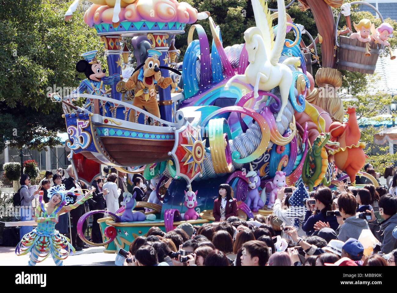 Urayasu Japan 10th Apr 18 Disney Characters Mickey Mouse And Pluto Greet Guests From A Float At The New Parade Dreaming Up At The Tokyo Disneyland In Urayasu Suburban Tokyo Durng A