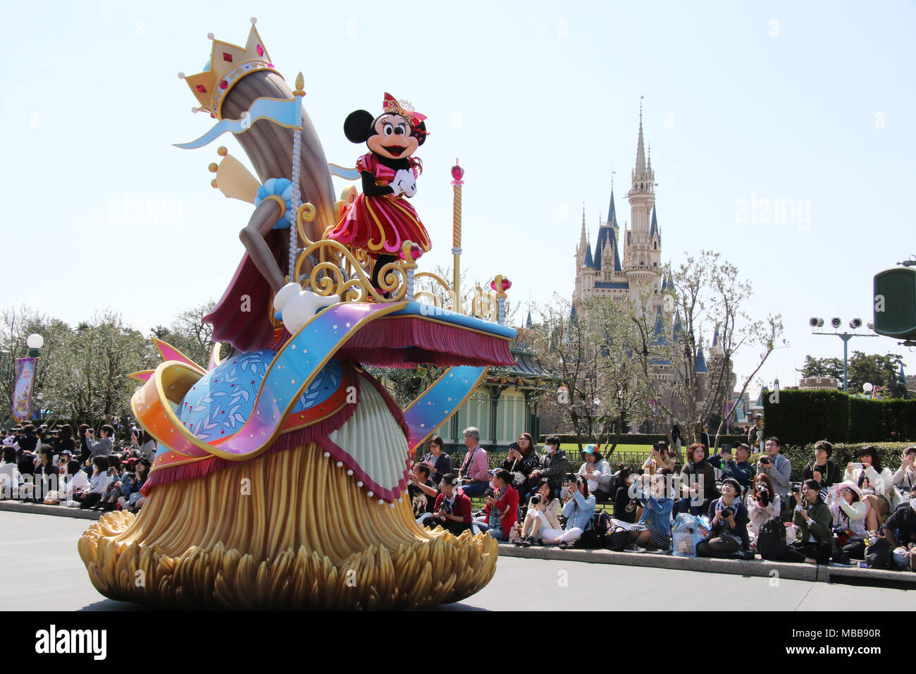 Urayasu Japan 10th Apr 18 Disney Character Minnie Mouse Greets Guests From A Float At The New Parade Dreaming Up At The Tokyo Disneyland In Urayasu Suburban Tokyo Durng A Press Preview