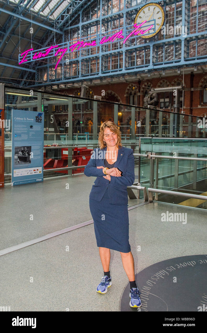 St Pancras, London, UK. 10th Apr, 2018. I Want My Time With You by Tracey Emin CBE RA (pictured). The Royal Academy of Arts and HS1 reveal the 2018 Terrace Wires installation at St Pancras International station, London. The work measures 20 metres and will be the largest text based work Emin has made to date. It will remain on display until the end of the year to mark the 250th anniversary of the Royal Academy of Arts and the 150th anniversary of St Pancras. Credit: Guy Bell/Alamy Live News Stock Photo