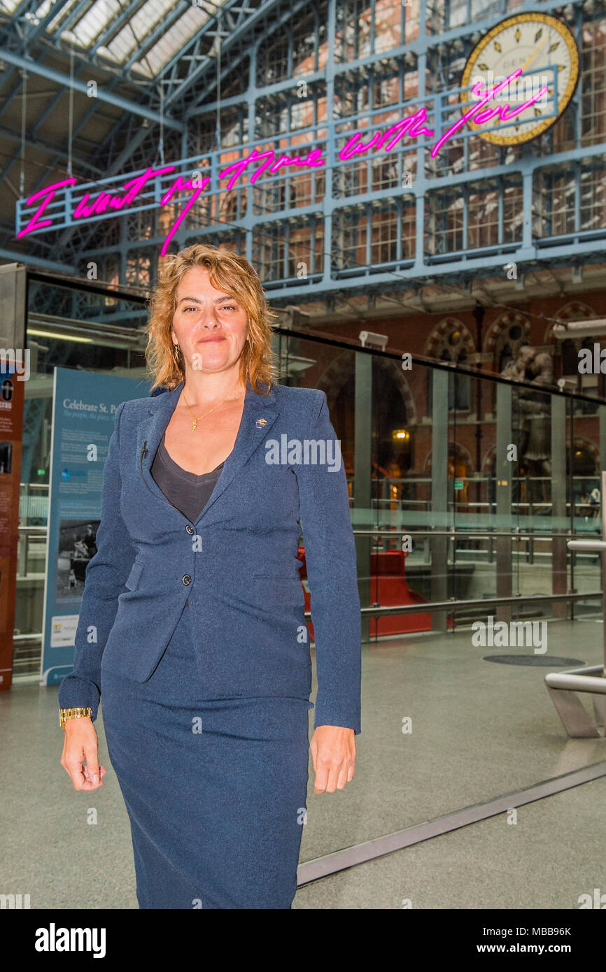 St Pancras, London, UK. 10th Apr, 2018. I Want My Time With You by Tracey Emin CBE RA (pictured). The Royal Academy of Arts and HS1 reveal the 2018 Terrace Wires installation at St Pancras International station, London. The work measures 20 metres and will be the largest text based work Emin has made to date. It will remain on display until the end of the year to mark the 250th anniversary of the Royal Academy of Arts and the 150th anniversary of St Pancras. Credit: Guy Bell/Alamy Live News Stock Photo