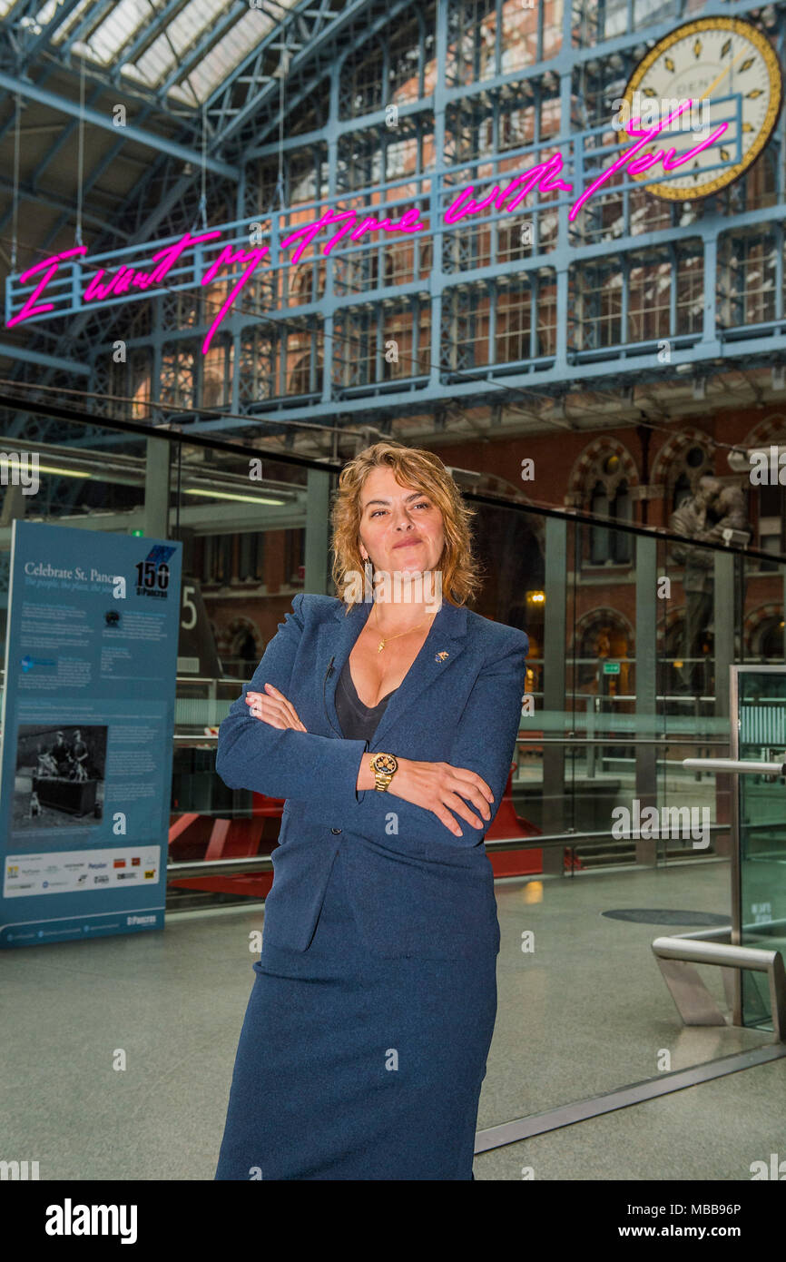 St Pancras, London, UK. 10th Apr, 2018. I Want My Time With You by Tracey Emin CBE RA (pictured). The Royal Academy of Arts and HS1 reveal the 2018 Terrace Wires installation at St Pancras International station, London. The work measures 20 metres and will be the largest text based work Emin has made to date. It will remain on display until the end of the year to mark the 250th anniversary of the Royal Academy of Arts and the 150th anniversary of St Pancras. Credit: Guy Bell/Alamy Live News Stock Photo