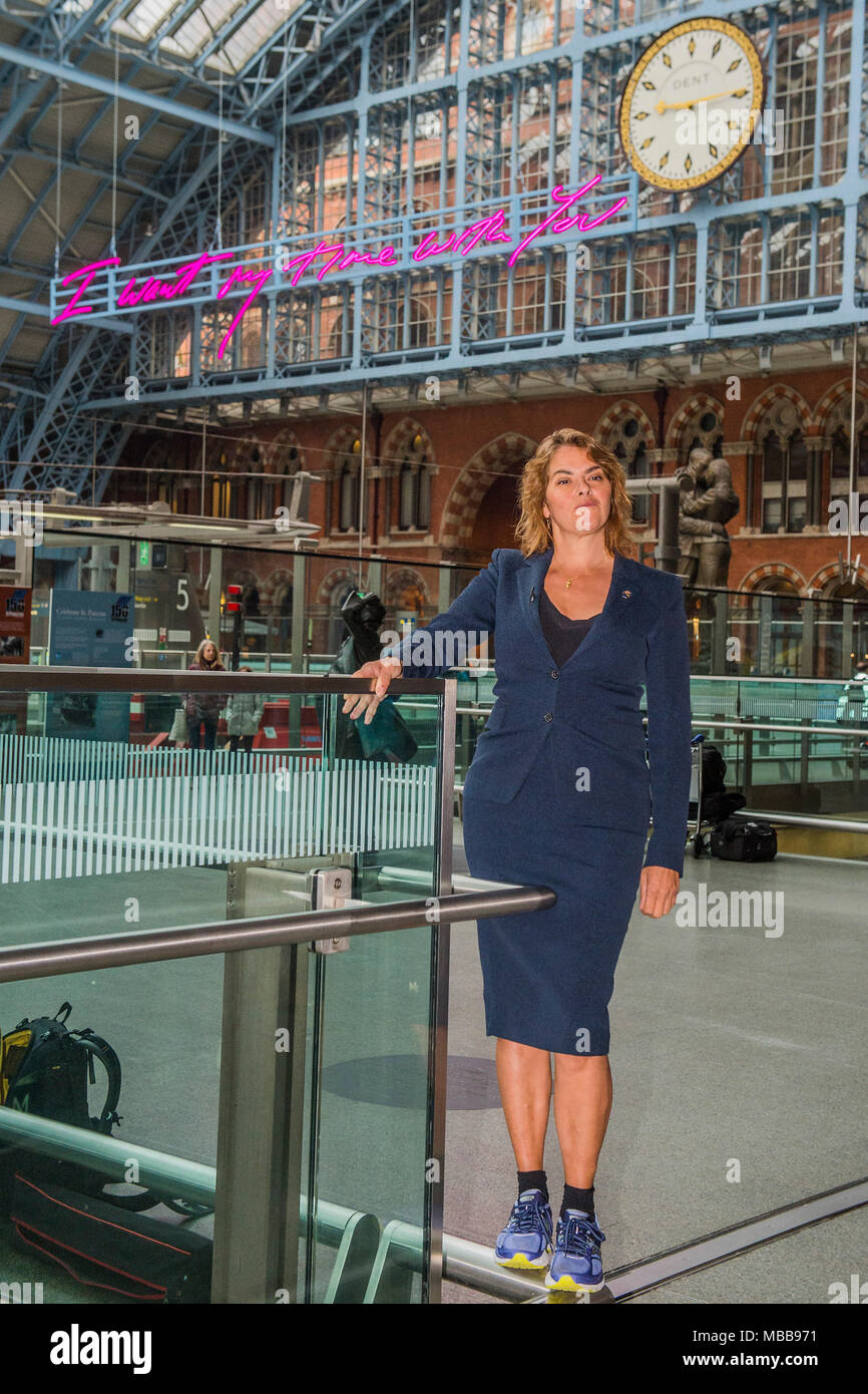 St Pancras, London, UK. 10th Apr, 2018. I Want My Time With You by Tracey Emin CBE RA (pictured). The Royal Academy of Arts and HS1 reveal the 2018 Terrace Wires installation at St Pancras International station, London. The work measures 20 metres and will be the largest text based work Emin has made to date. It will remain on display until the end of the year to mark the 250th anniversary of the Royal Academy of Arts and the 150th anniversary of St Pancras. Credit: Guy Bell/Alamy Live News Stock Photo