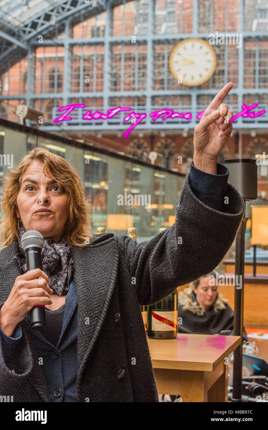 St Pancras, London, UK. 10th Apr, 2018. I Want My Time With You by Tracey Emin CBE RA (pictured). The Royal Academy of Arts and HS1 reveal the 2018 Terrace Wires installation at St Pancras International station, London. The work measures 20 metres and will be the largest text based work Emin has made to date. It will remain on display until the end of the year to mark the 250th anniversary of the Royal Academy of Arts and the 150th anniversary of St Pancras. Credit: Guy Bell/Alamy Live News Stock Photo